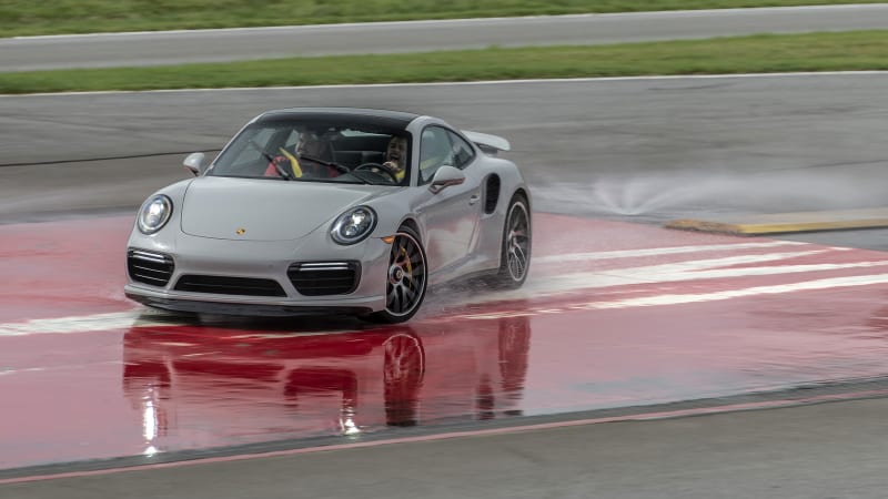 A hot Porsche 911 Turbo S and a wet skidpad mean impossibly lurid slides
